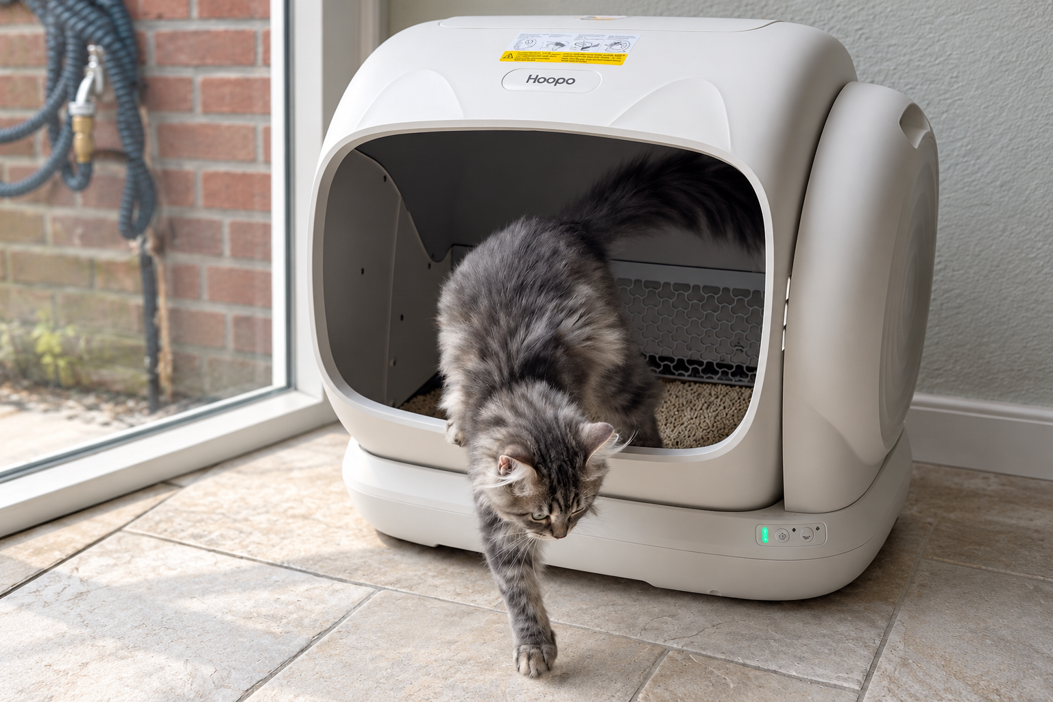 Kat stapt uit een Hoopo automatische kattenbak gevuld met Natural Code maiskorrels